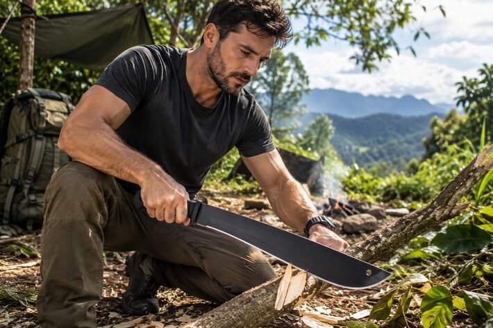 Homme utilisant une machette de survie en pleine nature